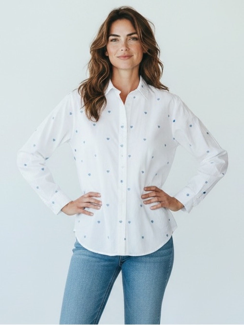 Aqua white button-down shirt featuring blue embroidered mini hearts